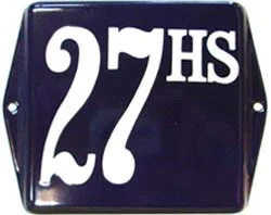 Emaille huisnummerbordje met oor. 12x12 cm. Blauw/Wit met toevoeging
