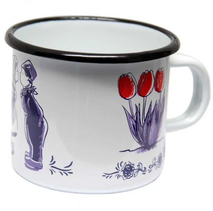 Emaille mok. Delts blauw met tulpen