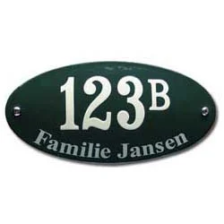 Emaille combibord met huisnummer, toevoeging en naam. 20x10 cm ovaal gebold. Groen/Wit