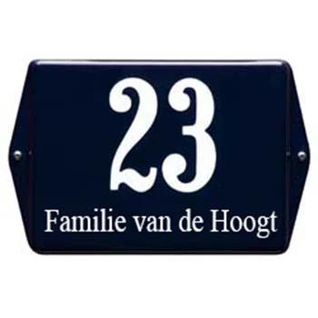 Emaille combibord met huisnummer en naam. Type oor HNO34. 16x12 cm. Kleur: Blauw-Wit