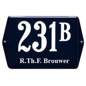 Emaille combibord met huisnummer+toevoeging en naam. Type oor HNO34+. 16x12 cm. Blauw-Wit