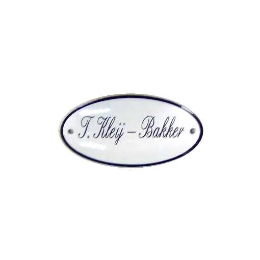 Ovaal emaille naamplaatje. 10x5 cm. wit met zwarte letters en rand. Type NPG14 wzr