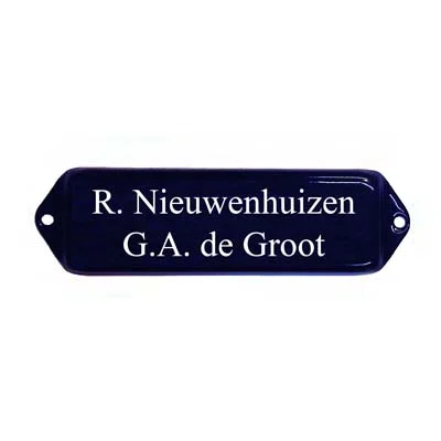 Emaille naamplaatje met oor, 10x3 cm, in Blauw / Wit. Type NPO29BW