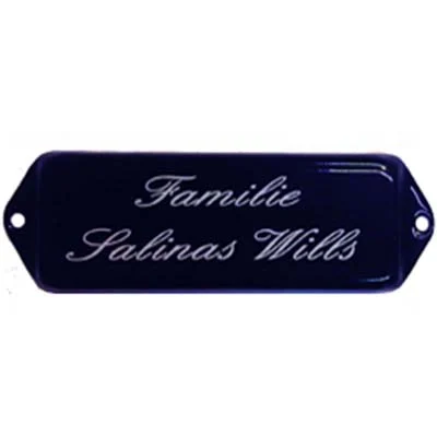 Emaille naamplaatje met oor, 12x4 cm, in Blauw/Wit. Type NPO30BW