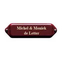 Emaille naamplaatje met oor. 10x3 cm. in Bordeaux Rood/Crème, Type NPO29RC