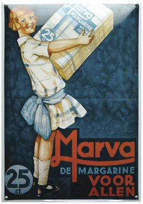 MARVA Margarine voor allen. Emaille reclamebord. 35x50 cm. Type NG-05-MA