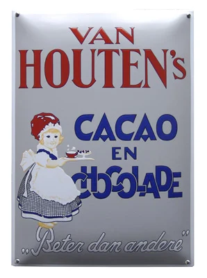 Van HOUTEN's Cacao en chocolade. Emaille reclamebord. 35x50 cm. Type NG-34-HO