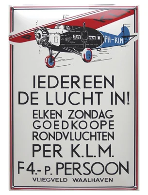 KLM iedereen F.4,- p.persoon. Emaille bord. 35x50 cm. Type NG-38-KL