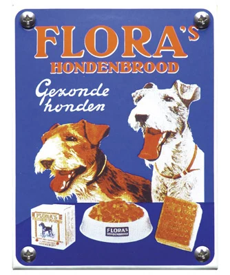 Flora hondenbrood. Nostalgisch emaille bordje. 10x13 cm. Type NK-15-FL