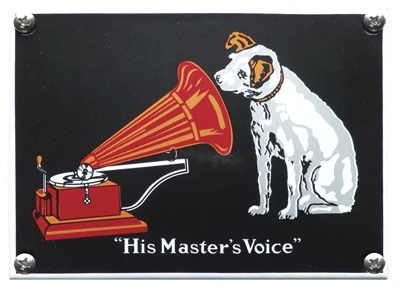 His Masters Voice. Nostalgisch emaille bordje. 14x10 cm. Type NK-20-HM