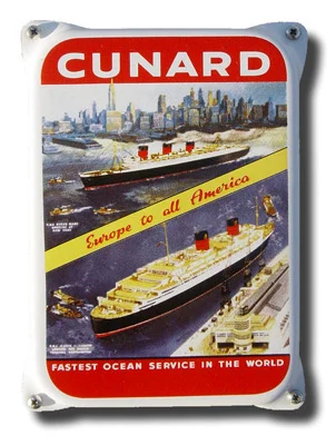 Cunard Fastest Europe. Nostalgisch emaille. 10x14 cm met oor. Type NKO-06-CF