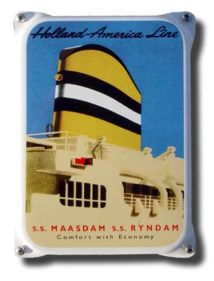 Holland America Lijn. s.s. Maasdam s.s. Ryndam. Emaille bordje. 10x14 cm met oor. Type NKO-10-MA