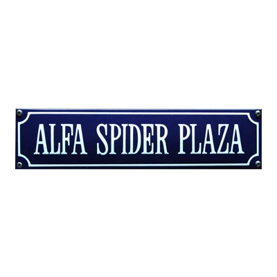 ALFA SPIDER PLAZA emaille "straatnaambordje". 33x8 cm. Type S-05