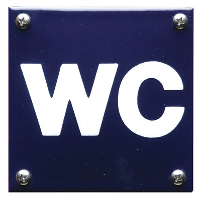 Emaille pictogrambordje "WC" 10x10 cm. Blauw/Wit
