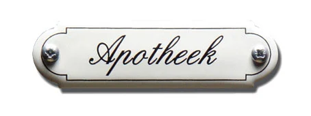 Apotheek. Emaille tekstbordje Klassiek. 8x2,2 cm. Lettertype Sierschrift
