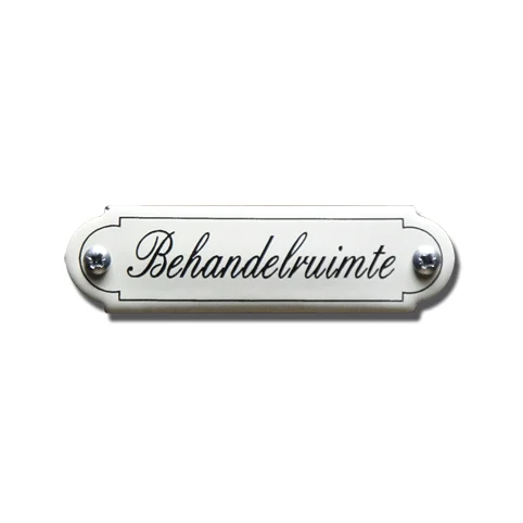 Behandelruimte. Emaille tekstbordje Klassiek. 8x2,2 cm. Lettertype Sierschrift