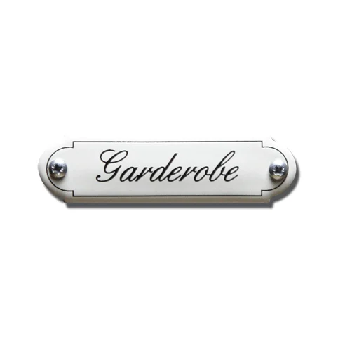 Garderobe. Emaille tekstbordje Klassiek. 8x2,2 cm. Lettertype Sierschrift