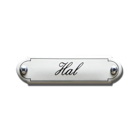 Hal. Emaille tekstbordje Klassiek. 8x2,2 cm. Lettertype Sierschrift