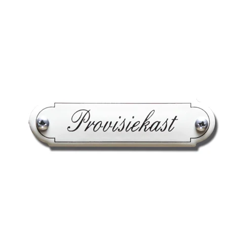 Provisiekast. Emaille tekstbordje Klassiek. 8x2,2 cm. Lettertype Sierschrift