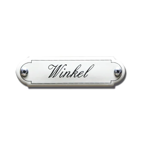 Winkel. Emaille tekstbordje Klassiek. 8x2,2 cm. Lettertype Sierschrift