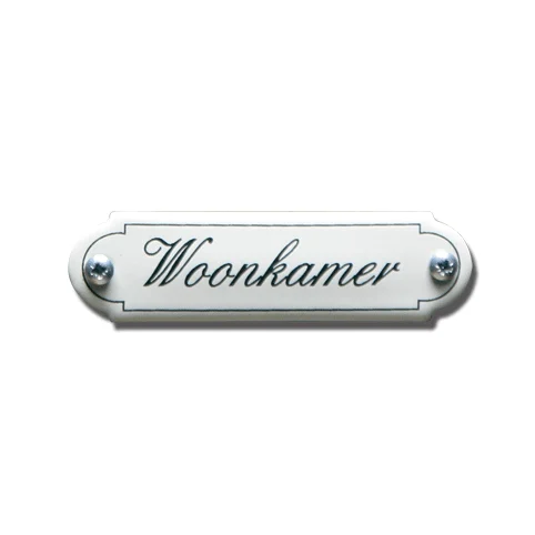 Woonkamer. Emaille tekstbordje Klassiek. 8x2,2 cm. Lettertype Sierschrift