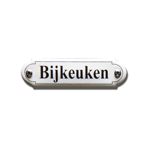 Bijkeuken. Emaille tekstbordje Klassiek. 8x2,2 cm. Lettertype Times