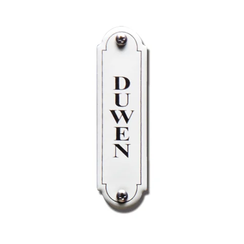 Duwen. Emaille tekstbordje Klassiek. 8x2,2 cm. Lettertype Times