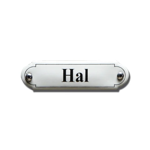 Hal. Emaille tekstbordje Klassiek. 8x2,2 cm. Lettertype Times