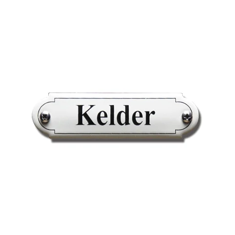 Kelder. Emaille tekstbordje Klassiek. 8x2,2 cm. Lettertype Times