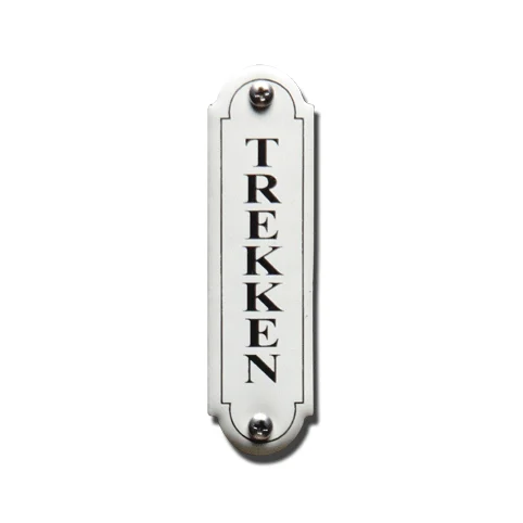 Trekken. Emaille tekstbordje Klassiek. 8x2,2 cm. Lettertype Times
