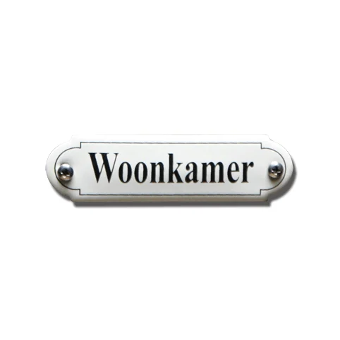 Woonkamer. Emaille tekstbordje Klassiek. 8x2,2 cm. Lettertype Times