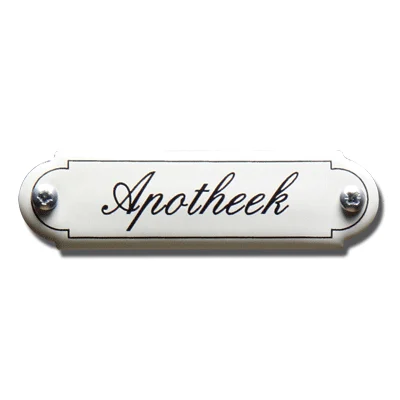 Apotheek. Emaille tekstbordje Klassiek. 11,5x2,7 cm. Lettertype Sierschrift