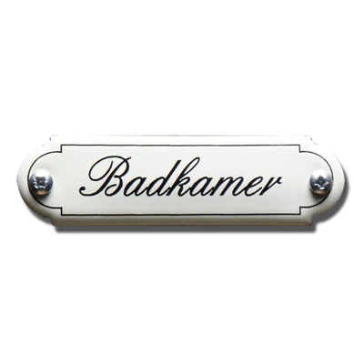 Badkamer. Emaille tekstbordje Klassiek. 11,5x2,7 cm. Lettertype Sierschrift