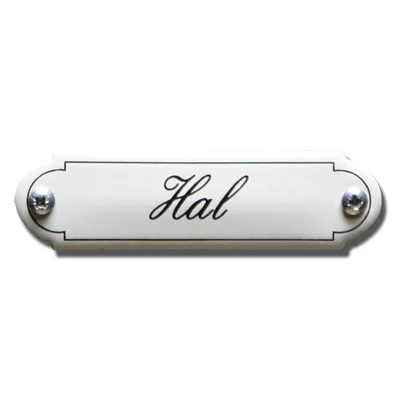 Hal. Emaille tekstbordje Klassiek. 11,5x2,7 cm. Lettertype Sierschrift