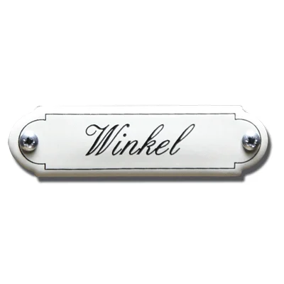 Winkel. Emaille tekstbordje Klassiek. 11,5x2,7 cm. Lettertype Sierschrift