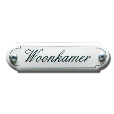 Woonkamer. Emaille tekstbordje Klassiek. 11,5x2,7 cm. Lettertype Sierschrift
