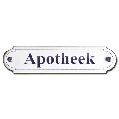 Apotheek. Emaille tekstbordje Klassiek. 11,5x2,7 cm. Lettertype Times