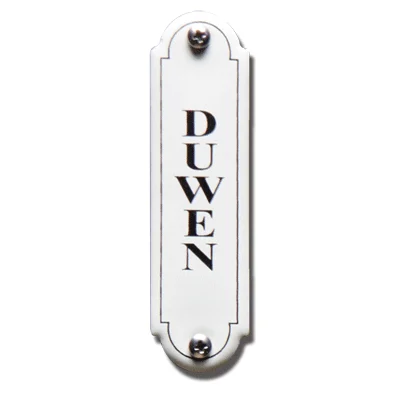 Duwen. Emaille tekstbordje Klassiek. 11,5x2,7 cm. Lettertype Times
