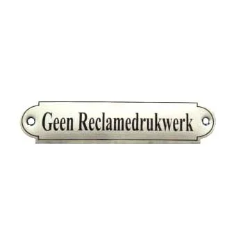 Geen Reklamedrukwerk. Emaille tekstbordje Klassiek. 11,5x2,7 cm. Lettertype Times