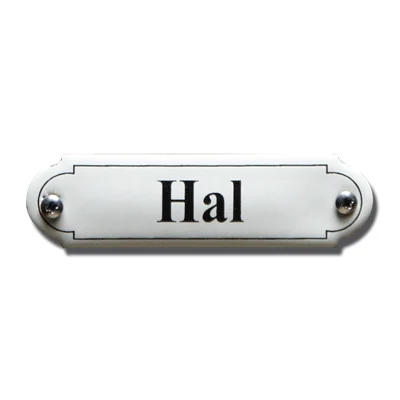 Hal. Emaille tekstbordje Klassiek. 11,5x2,7 cm. Lettertype Times