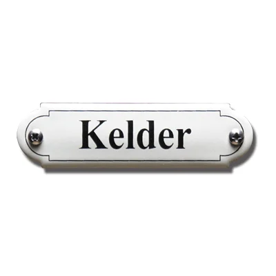 Kelder. Emaille tekstbordje Klassiek. 11,5x2,7 cm. Lettertype Times