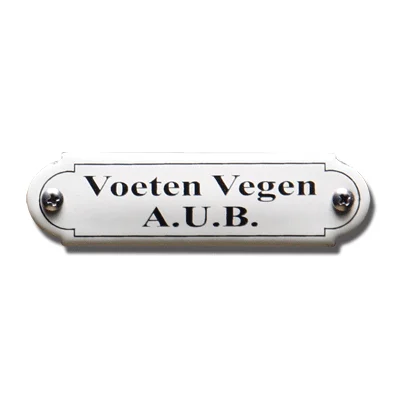 Voeten Vegen A.U.B.. Emaille tekstbordje Klassiek. 11,5x2,7 cm. Lettertype Times