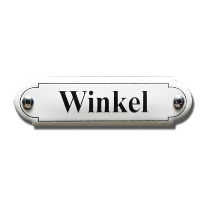 Winkel. Emaille tekstbordje Klassiek. 11,5x2,7 cm. Lettertype Times