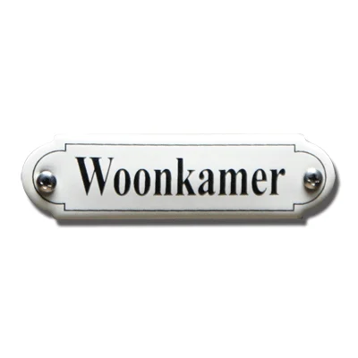 Woonkamer. Emaille tekstbordje Klassiek. 11,5x2,7 cm. Lettertype Times