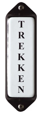 Emaille tekstbordje met 'oor'. 8x3 cm. Lettertype Times. Tekst: Trekken (Verticaal)