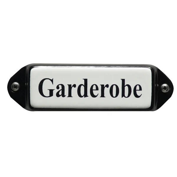 Emaille tekstbordje met 'oor'. 8x3 cm. Lettertype Times. Tekst: Garderobe