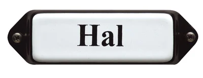 Emaille tekstbordje met 'oor'. 8x3 cm. Lettertype Times. Tekst: Hal
