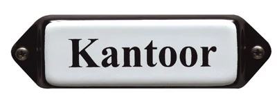 Emaille tekstbordje met 'oor'. 8x3 cm. Lettertype Times. Tekst: Kantoor