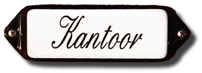 Emaille tekstbordje met 'oor'. 8x3 cm. Lettertype Sierschrift. Tekst: Kantoor