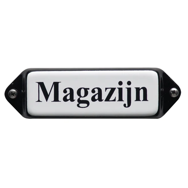 Emaille tekstbordje met 'oor'. 8x3 cm. Lettertype Times. Tekst: Magazijn